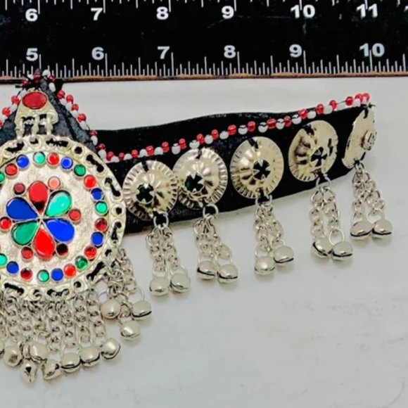 Silver Matha Patti, Traditional Matha Patti With Multicolor Glass Stone and Bell - Picture 10 of 14